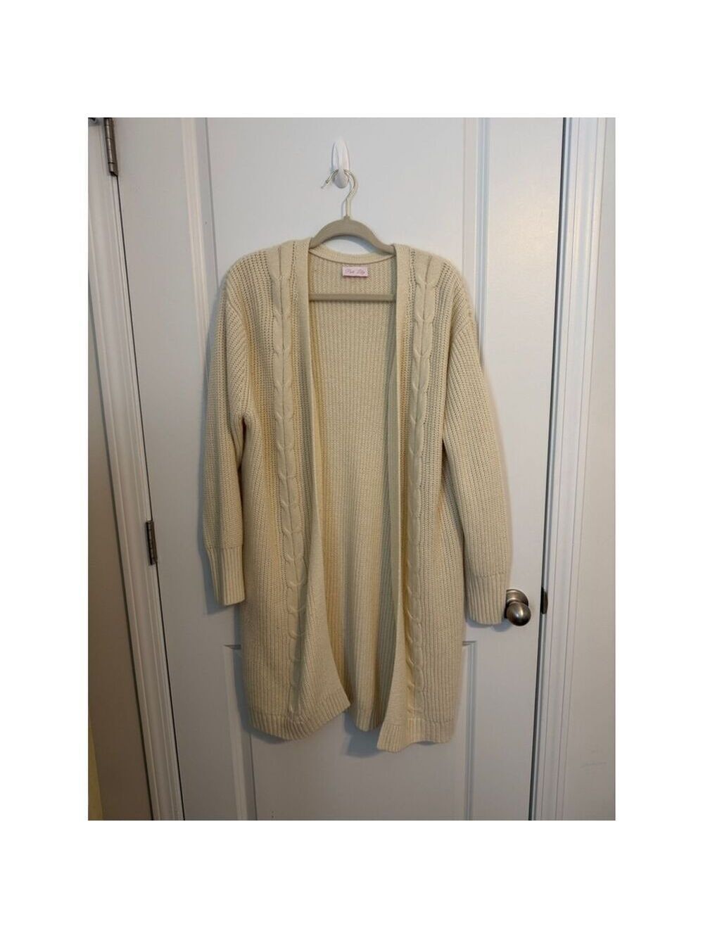 Pink Lily Cable Knit Open Front Cardigan XL Cream Long Sweater - Picture 1 of 3